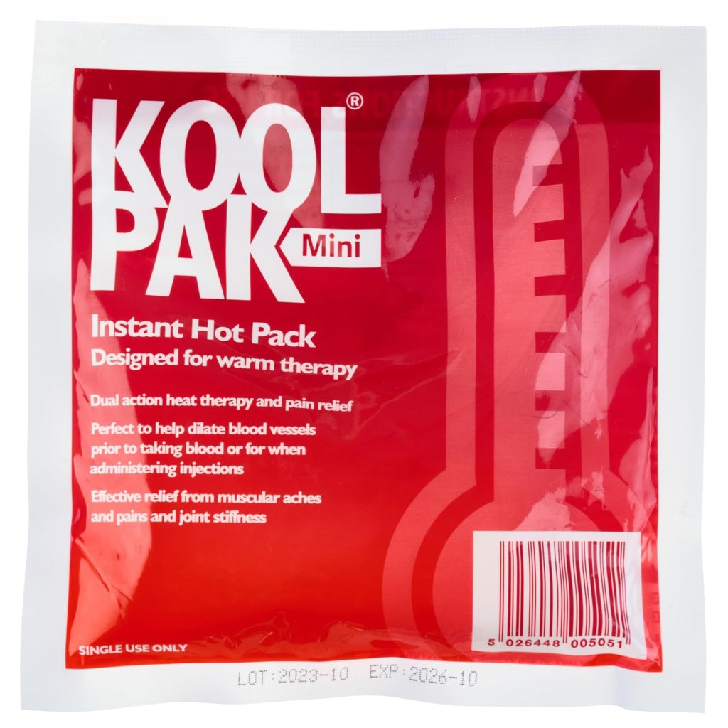 Koolpak Instant Hot Pack Mini 15 x 15cm Pack of 60 Disposable Heat Pads for Pain Relief First Aid Injury Treatment and Muscle Soothing - Damaged Box