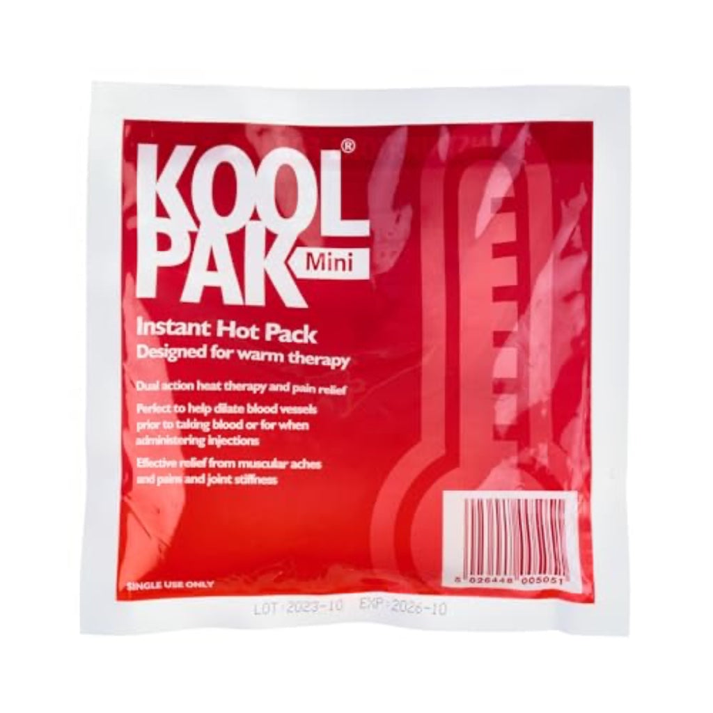 Koolpak Instant Hot Pack Mini 15 x 15cm Pack of 60 Disposable Heat Pads for Pain Relief First Aid Injury Treatment and Muscle Soothing - Damaged Box