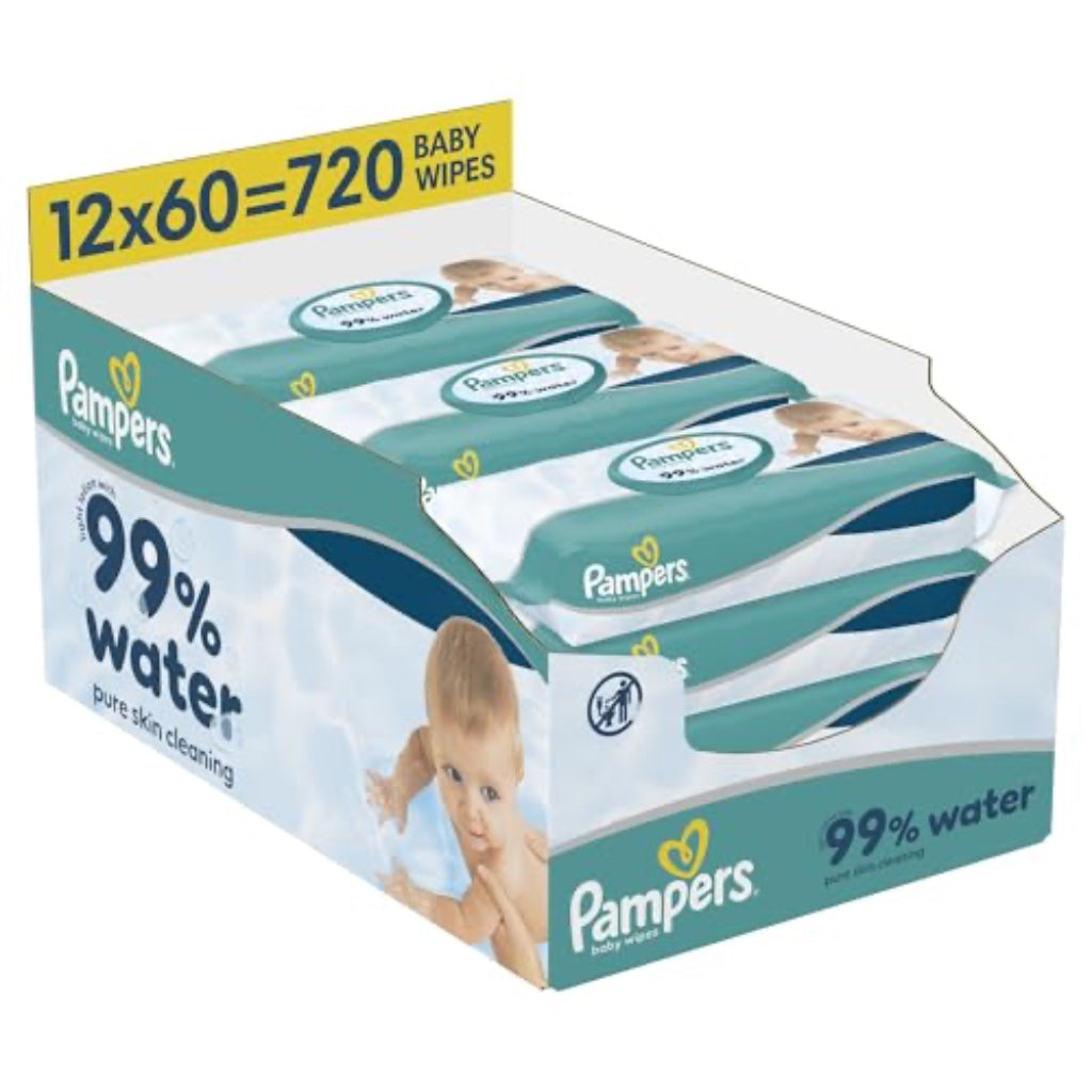 Pampers Aqua Pure 99% Water Baby Wipes Plastic Free 12 Packs of 60 Wipes 720 Count Bulk Wet Wipes for Sensitive Skin Fragrance Free - Damaged Box