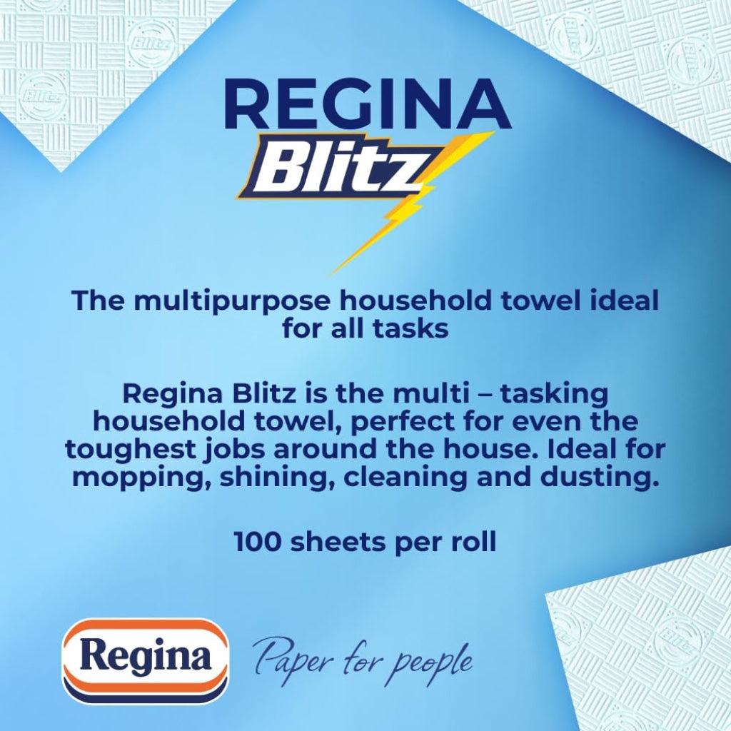 Regina Blitz Household Towels 8 Triple Layered Rolls 70 Sheets Per Roll Extra Large Kitchen Roll Paper Packaging FSC Certified - Damaged Box