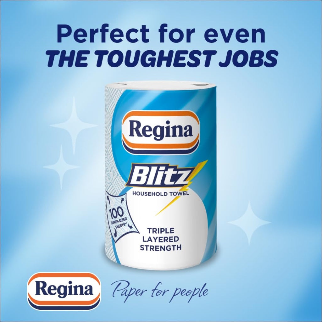 Regina Blitz Household Towels 8 Triple Layered Rolls 70 Sheets Per Roll Extra Large Kitchen Roll Paper Packaging FSC Certified - Damaged Box