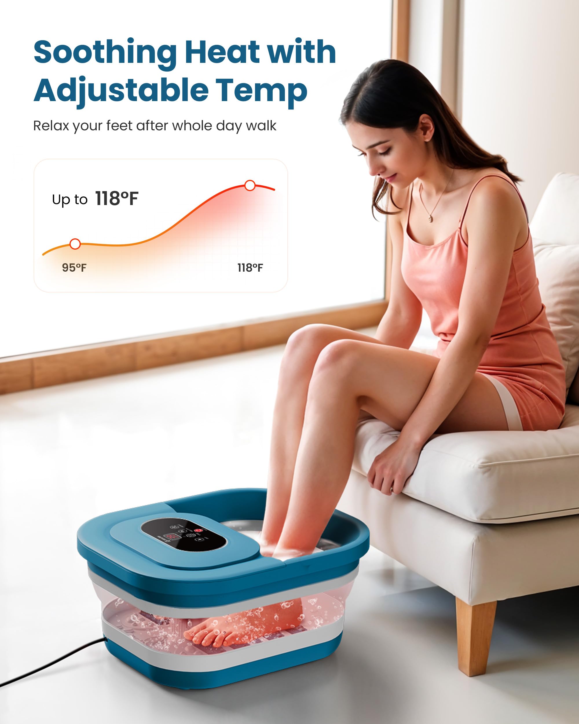 Comfier Foldable Foot Spa Massager with Heat Bubbles and Pressure Point Rollers Heated Foot Bath Tub for Stress Relief Blue - Damaged Box