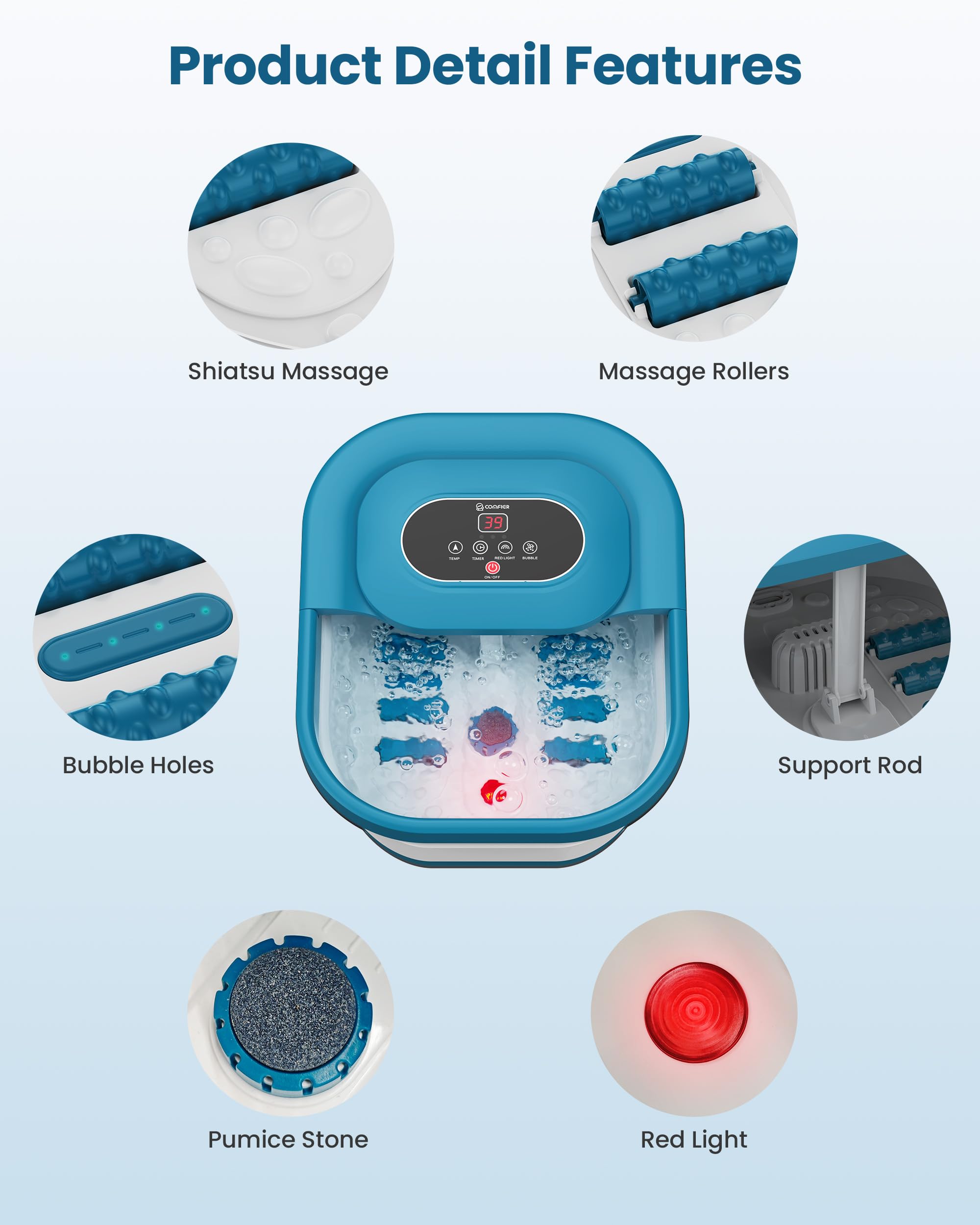Comfier Foldable Foot Spa Massager with Heat Bubbles and Pressure Point Rollers Heated Foot Bath Tub for Stress Relief Blue - Damaged Box