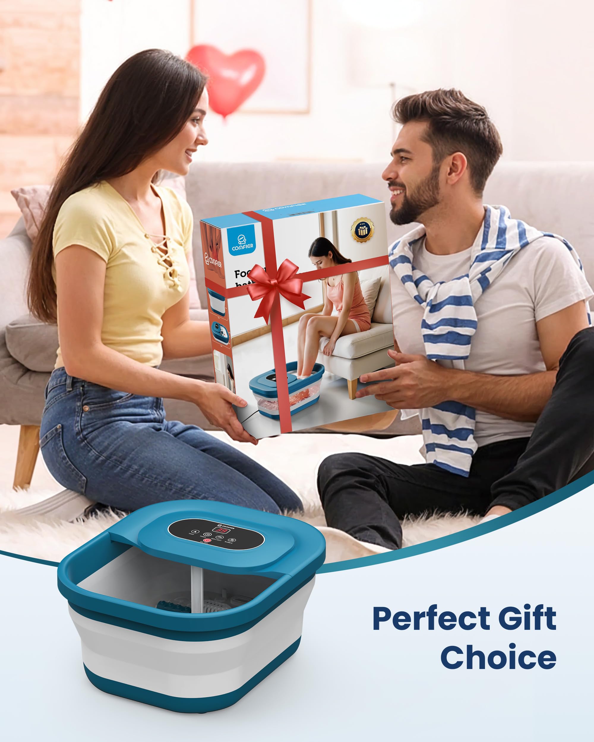 Comfier Foldable Foot Spa Massager with Heat Bubbles and Pressure Point Rollers Heated Foot Bath Tub for Stress Relief Blue - Damaged Box