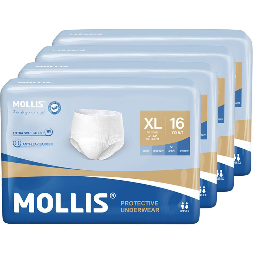 Mollis Incontinence Pants Unisex Disposable Adult Pull Up Nappies Maximum Absorbency Protective Underwear X-Large White 64 Pack - Damaged Box