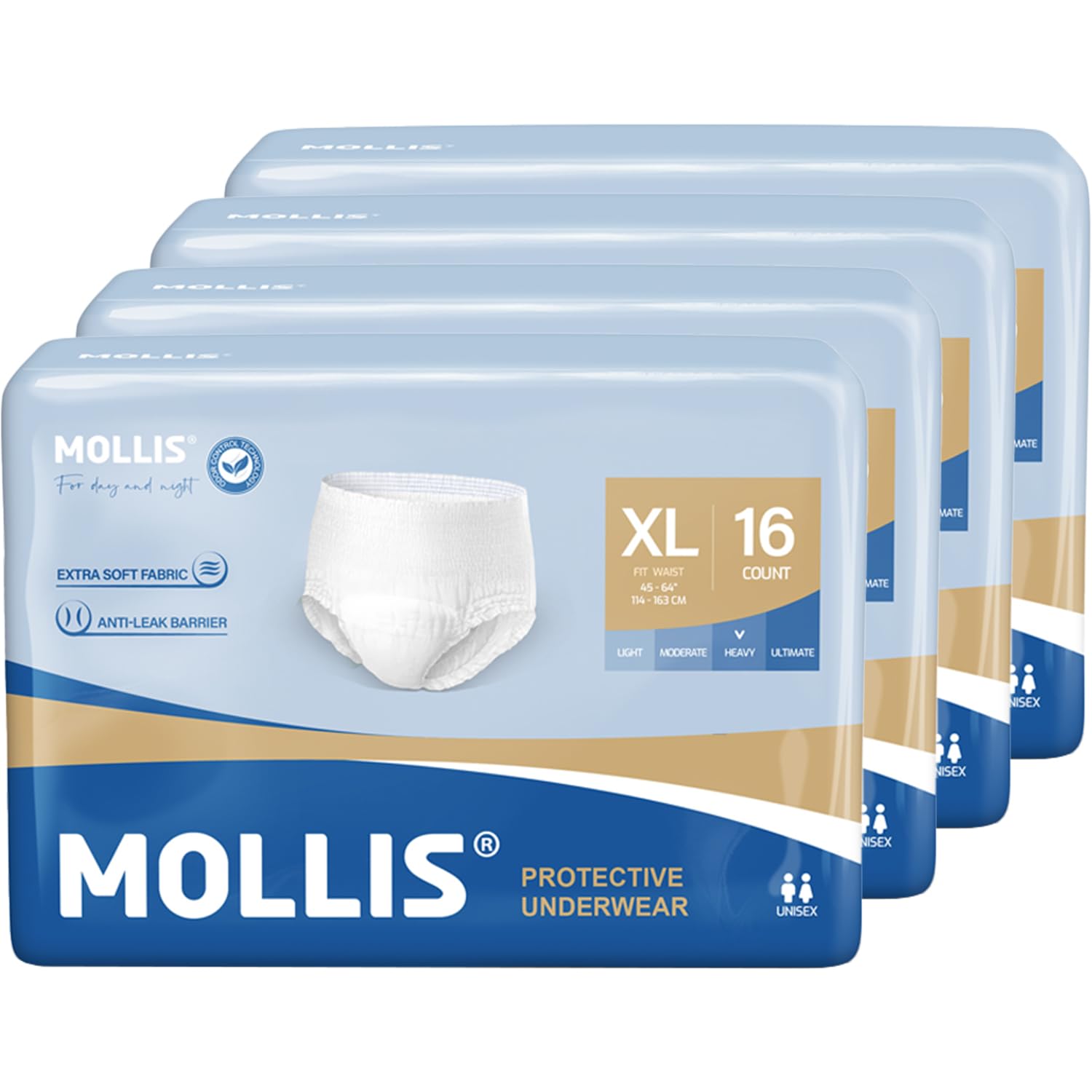 Mollis Incontinence Pants Unisex Disposable Adult Pull Up Nappies Maximum Absorbency Protective Underwear X-Large White 64 Pack - Damaged Box