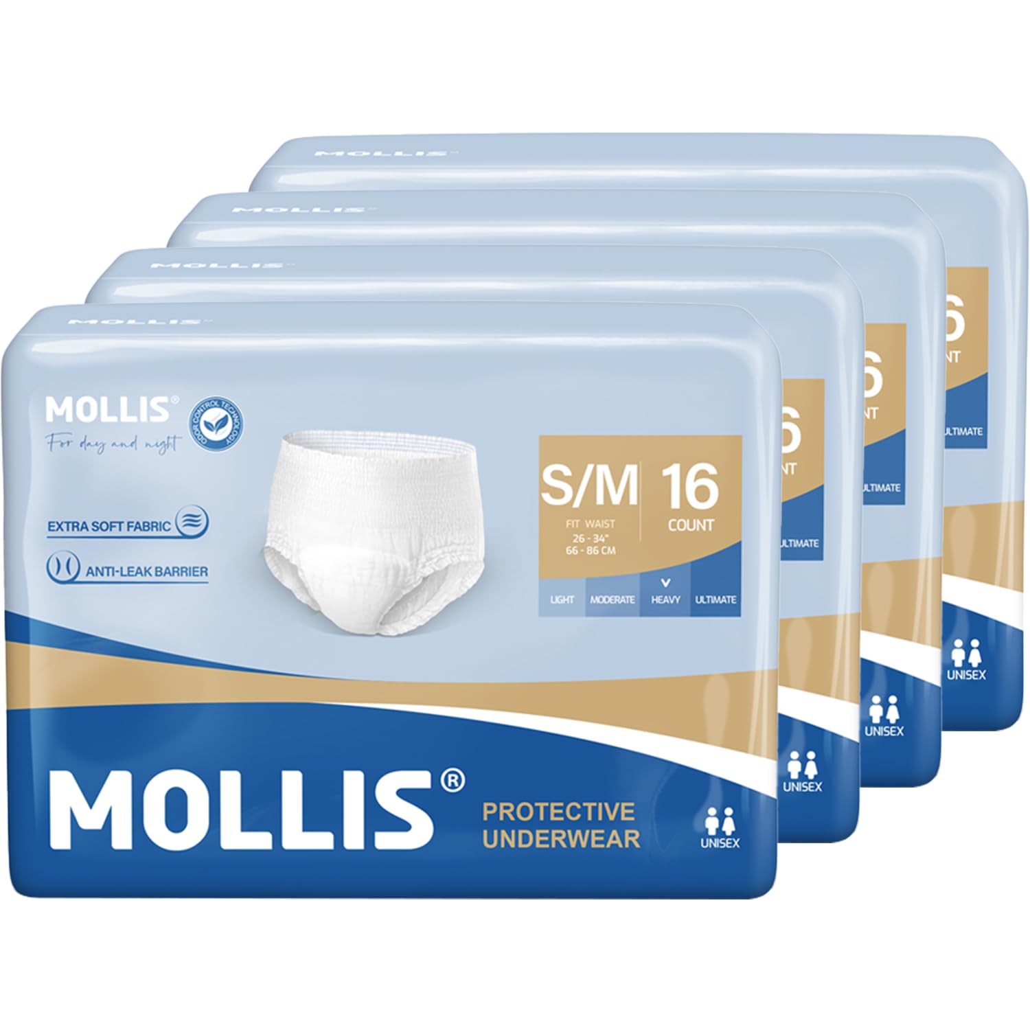 Mollis Incontinence Pants Unisex Disposable Adult Pull Up Nappies Maximum Absorbency Protective Underwear X-Large White 64 Pack - Damaged Box