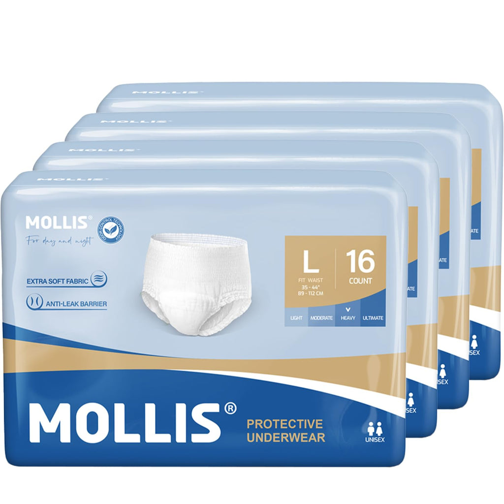 Mollis Incontinence Pants Unisex Disposable Adult Pull Up Nappies Maximum Absorbency Protective Underwear X-Large White 64 Pack - Damaged Box