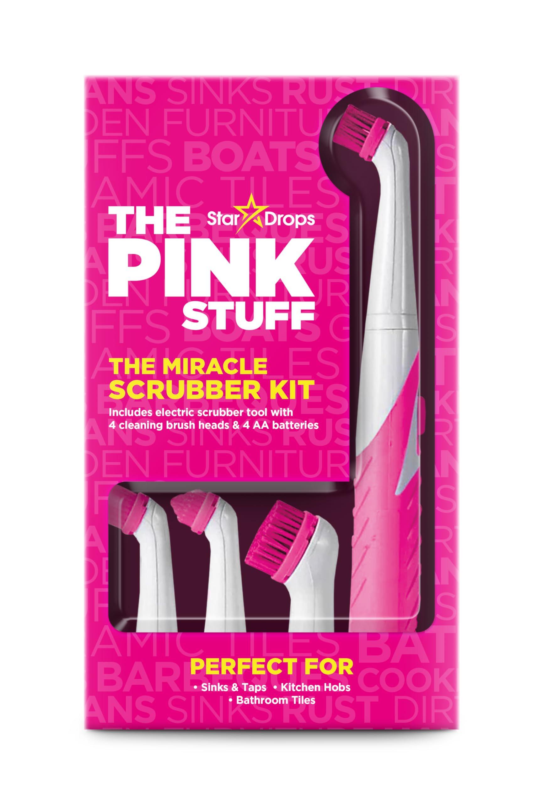 The Pink Stuff Miracle Scrubber Kit Electric Cleaning Tool with 4 Interchangeable Brush Heads for Bathroom Kitchen and Grout Cleaning - Damaged Box