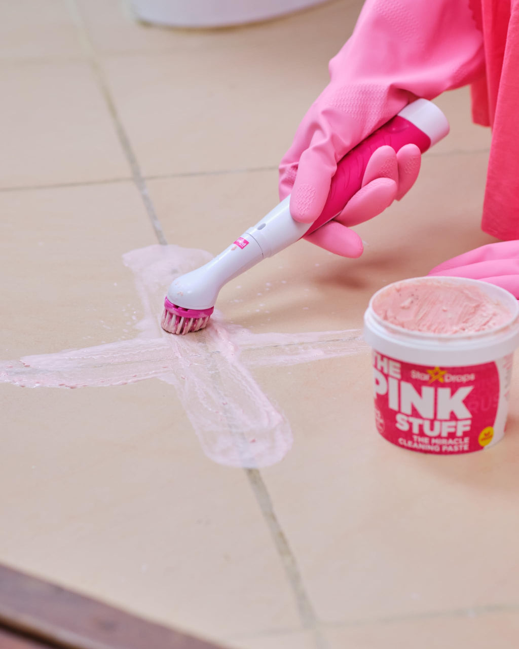 The Pink Stuff Miracle Scrubber Kit Electric Cleaning Tool with 4 Interchangeable Brush Heads for Bathroom Kitchen and Grout Cleaning - Damaged Box