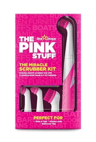 The Pink Stuff Miracle Scrubber Kit Electric Cleaning Tool with 4 Interchangeable Brush Heads for Bathroom Kitchen and Grout Cleaning - Damaged Box