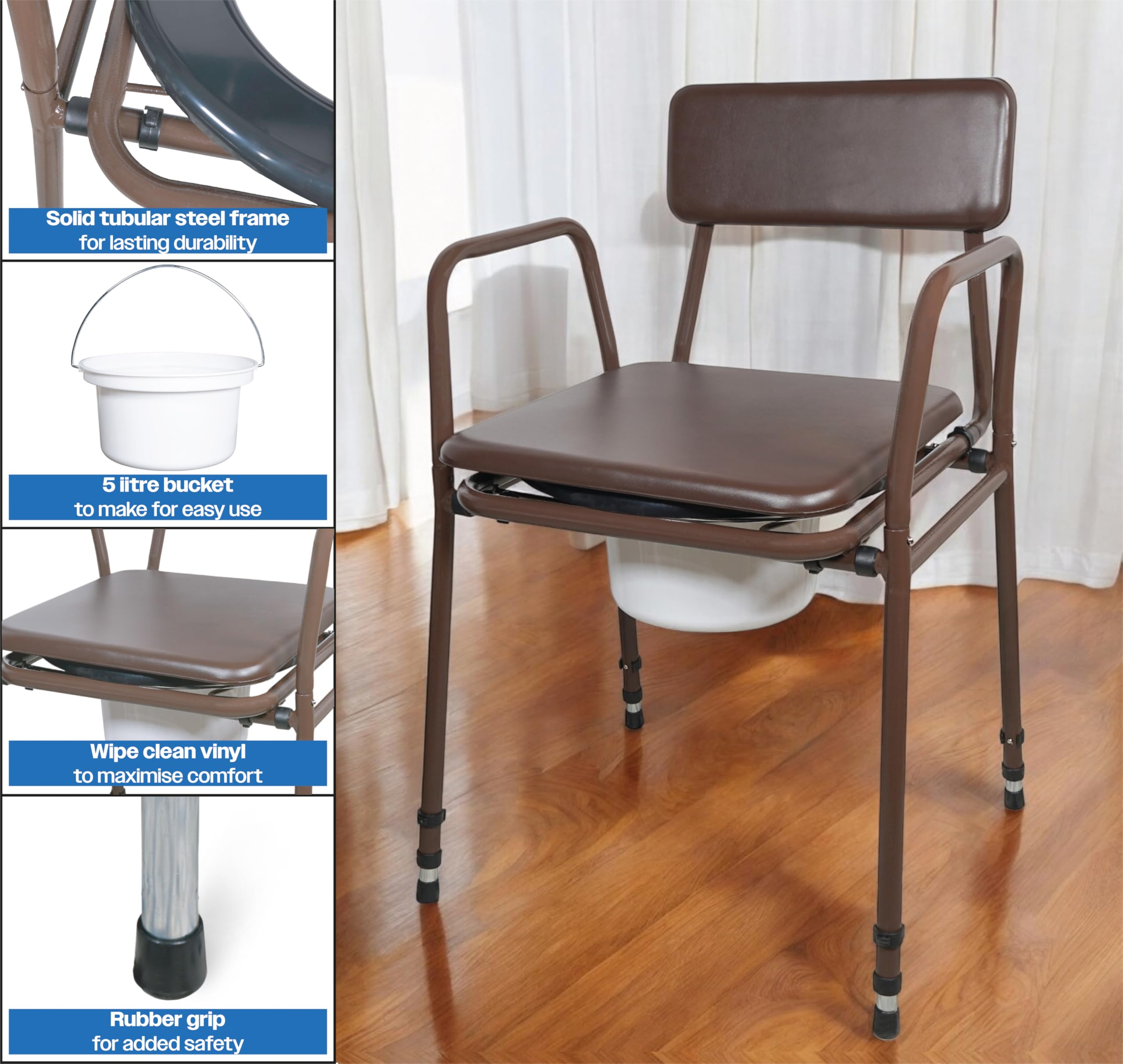 Aidapt Bedside Commode Chair Height Adjustable Portable Toilet with Padded Back and 5 Litre Pail Mobility Aid for Elderly and Disabled - Damaged Box