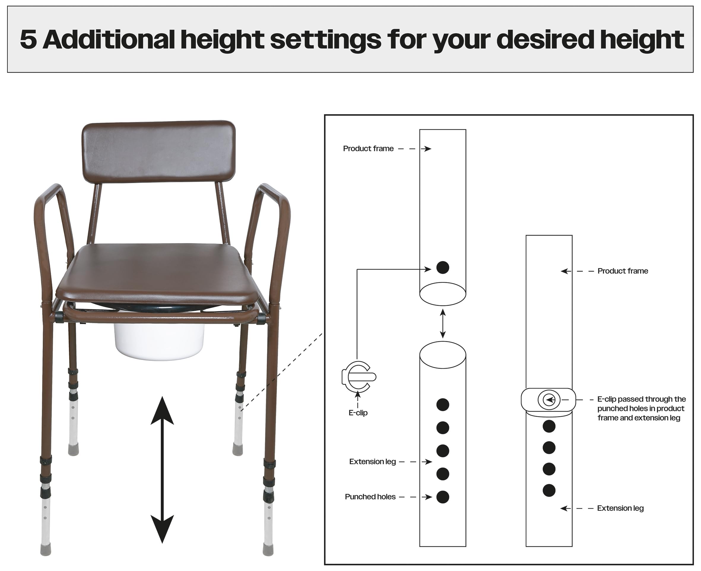 Aidapt Bedside Commode Chair Height Adjustable Portable Toilet with Padded Back and 5 Litre Pail Mobility Aid for Elderly and Disabled - Damaged Box