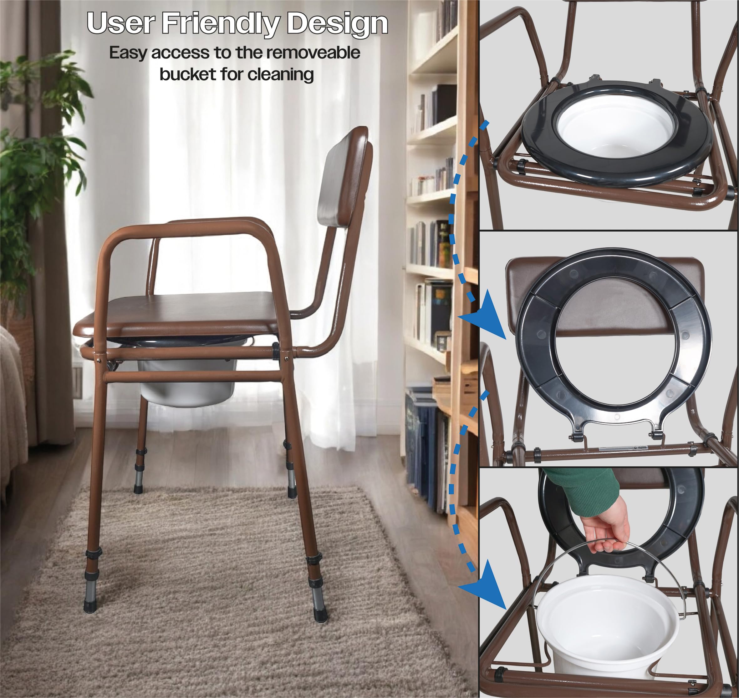 Aidapt Bedside Commode Chair Height Adjustable Portable Toilet with Padded Back and 5 Litre Pail Mobility Aid for Elderly and Disabled - Damaged Box