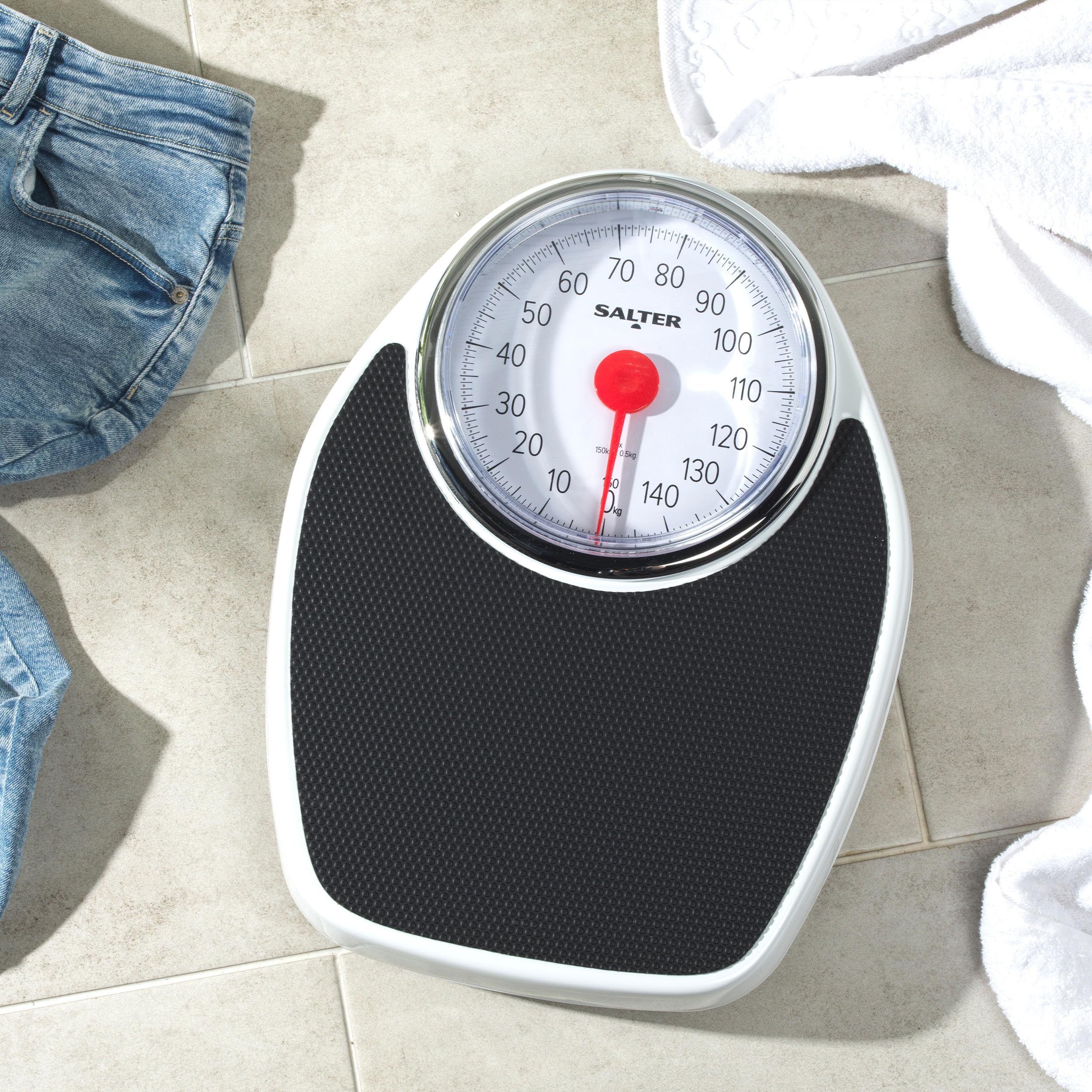 Salter Doctors Style Mechanical Bathroom Scale 150kg Large Dial Analog Body Weight Scales Extra Wide Platform Kilograms Only Black White - Damaged Box