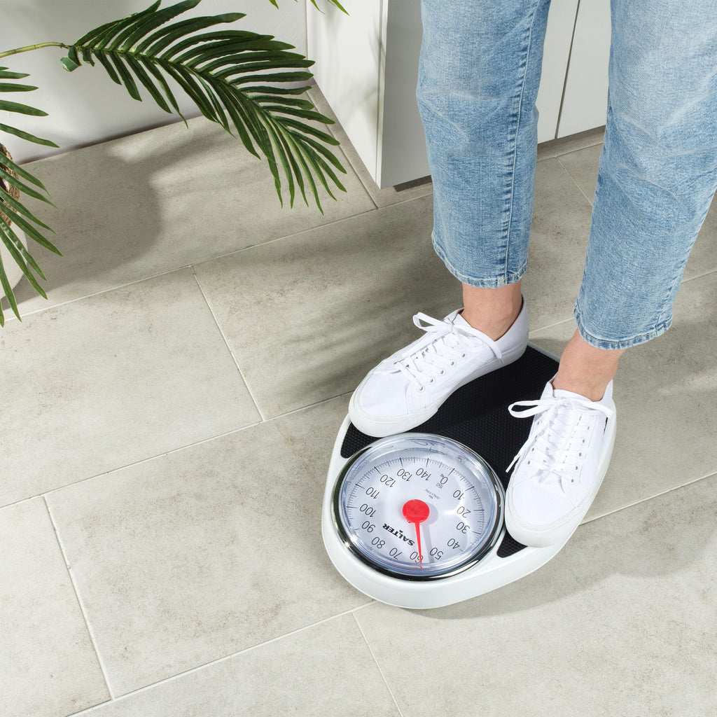Salter Doctors Style Mechanical Bathroom Scale 150kg Large Dial Analog Body Weight Scales Extra Wide Platform Kilograms Only Black White - Damaged Box