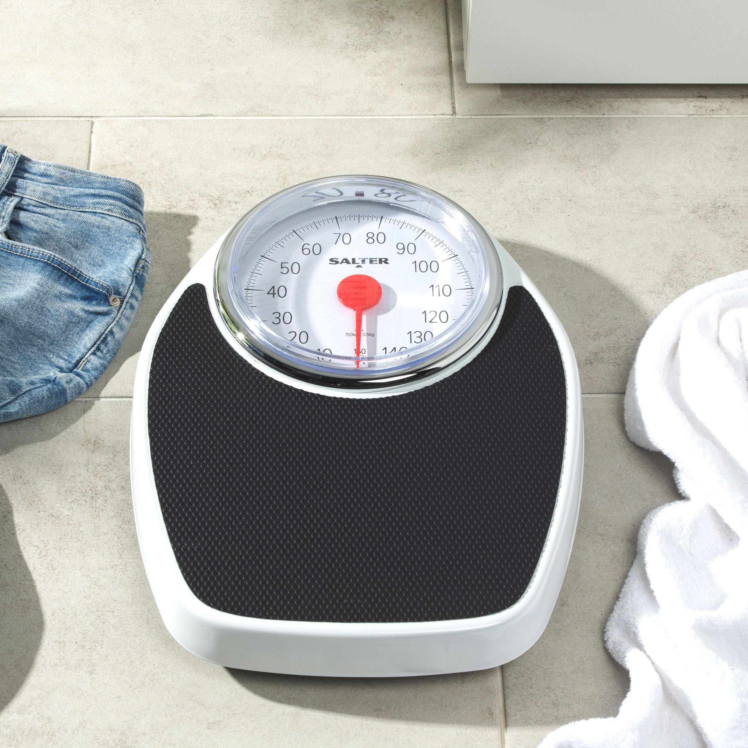 Salter Doctors Style Mechanical Bathroom Scale 150kg Large Dial Analog Body Weight Scales Extra Wide Platform Kilograms Only Black White - Damaged Box