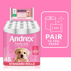 Andrex Family Soft Toilet Roll 45 Pack Bulk Buy Fragrance Free White Bathroom Tissue FSC Certified Paper Rolls