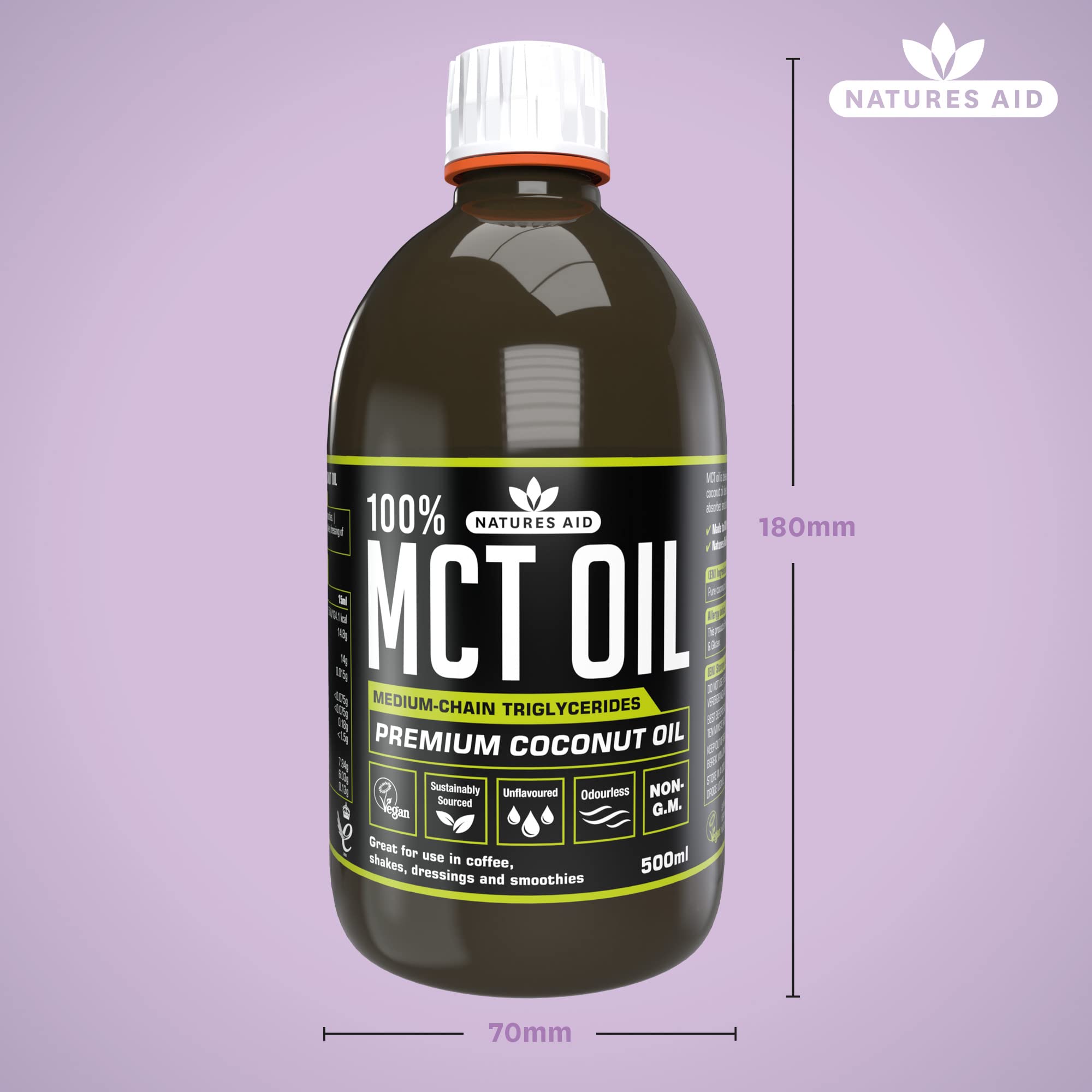 Natures Aid 100% MCT Oil 500ml Coconut Derived Liquid Supplement Keto and Paleo Friendly Vegan Gluten Free Energy Support for Coffee - BBE 02/2027