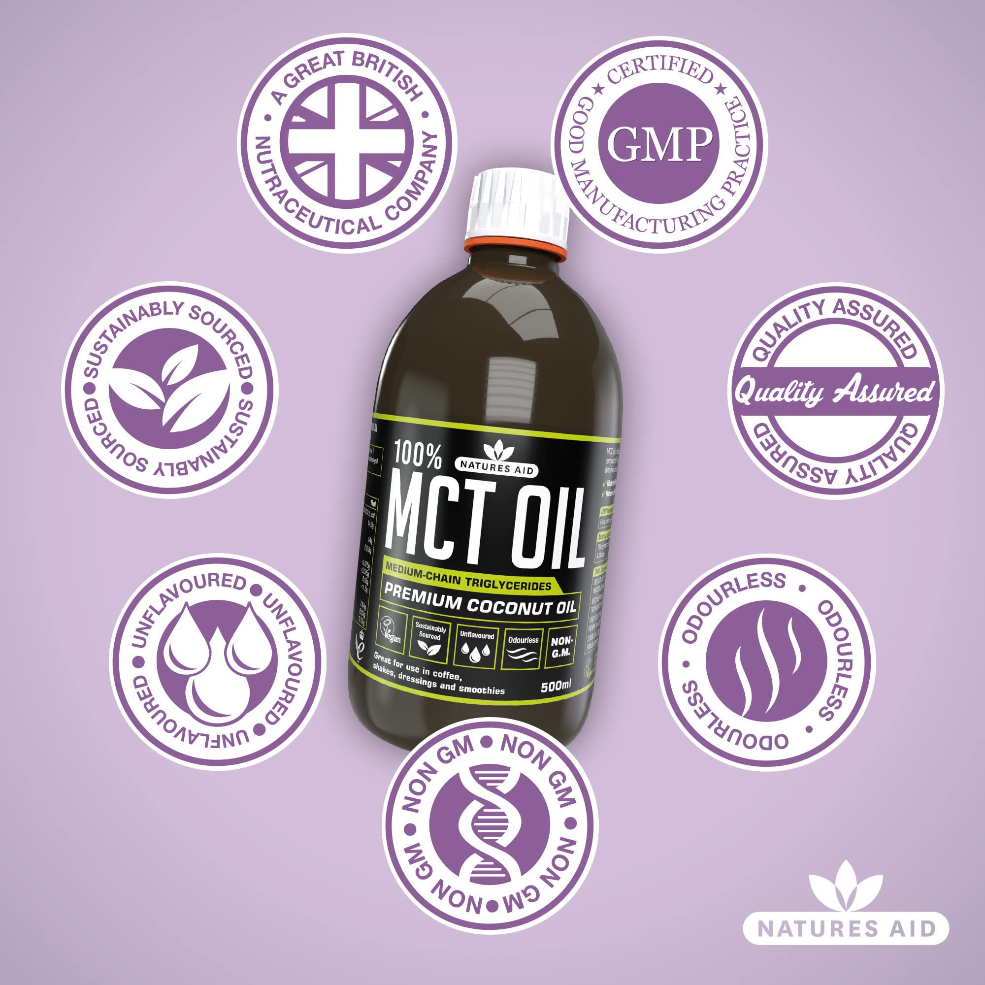 Natures Aid 100% MCT Oil 500ml Coconut Derived Liquid Supplement Keto and Paleo Friendly Vegan Gluten Free Energy Support for Coffee - BBE 02/2027