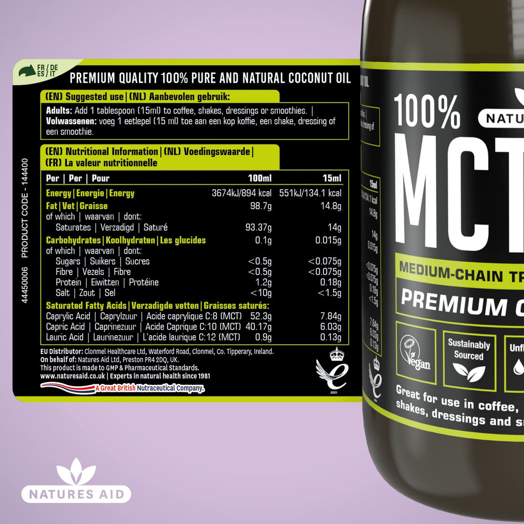 Natures Aid 100% MCT Oil 500ml Coconut Derived Liquid Supplement Keto and Paleo Friendly Vegan Gluten Free Energy Support for Coffee - BBE 02/2027