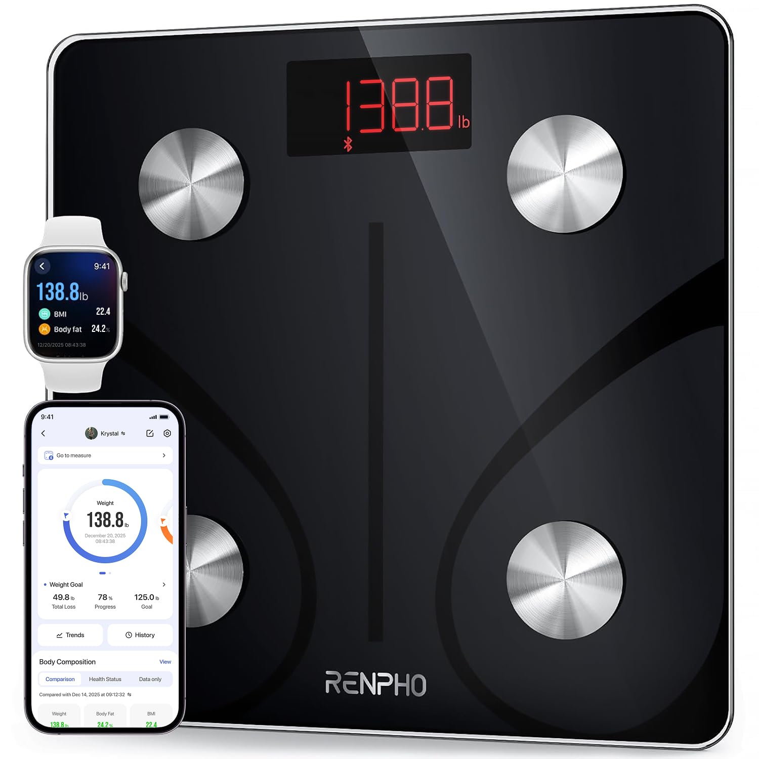 Renpho Elis 1 Smart Body Weight Scale 500lb Extra High Capacity Digital Bathroom Scales with Large LED Display and Bluetooth App Sync 30cm - Very Good