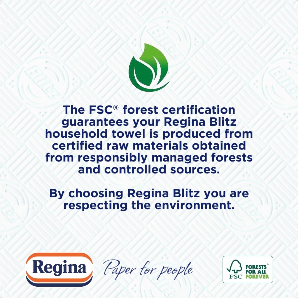 Regina Blitz Household Towels 12 Triple Layered Rolls 70 Sheets Per Roll Extra Large Kitchen Roll Recyclable Paper Packaging FSC Certified