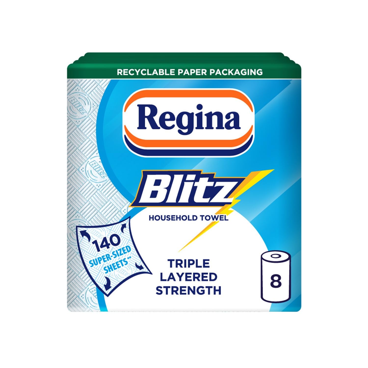 Regina Blitz Household Towels 12 Triple Layered Rolls 70 Sheets Per Roll Extra Large Kitchen Roll Recyclable Paper Packaging FSC Certified
