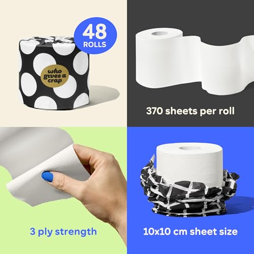 Who Gives A Crap Premium Bamboo Toilet Roll Box of 48 Rolls 3-Ply 370 Sheets Sustainable Biodegradable Plastic-Free Eco Friendly Bath Tissue