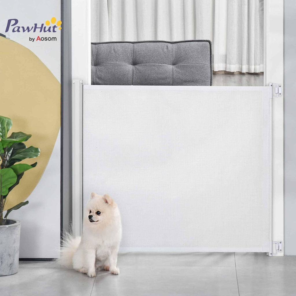 PawHut Retractable Dog Gate Mesh Pet Safety Barrier Extends to 115cm Indoor Guard for Stairs and Doorways White - Damaged Box
