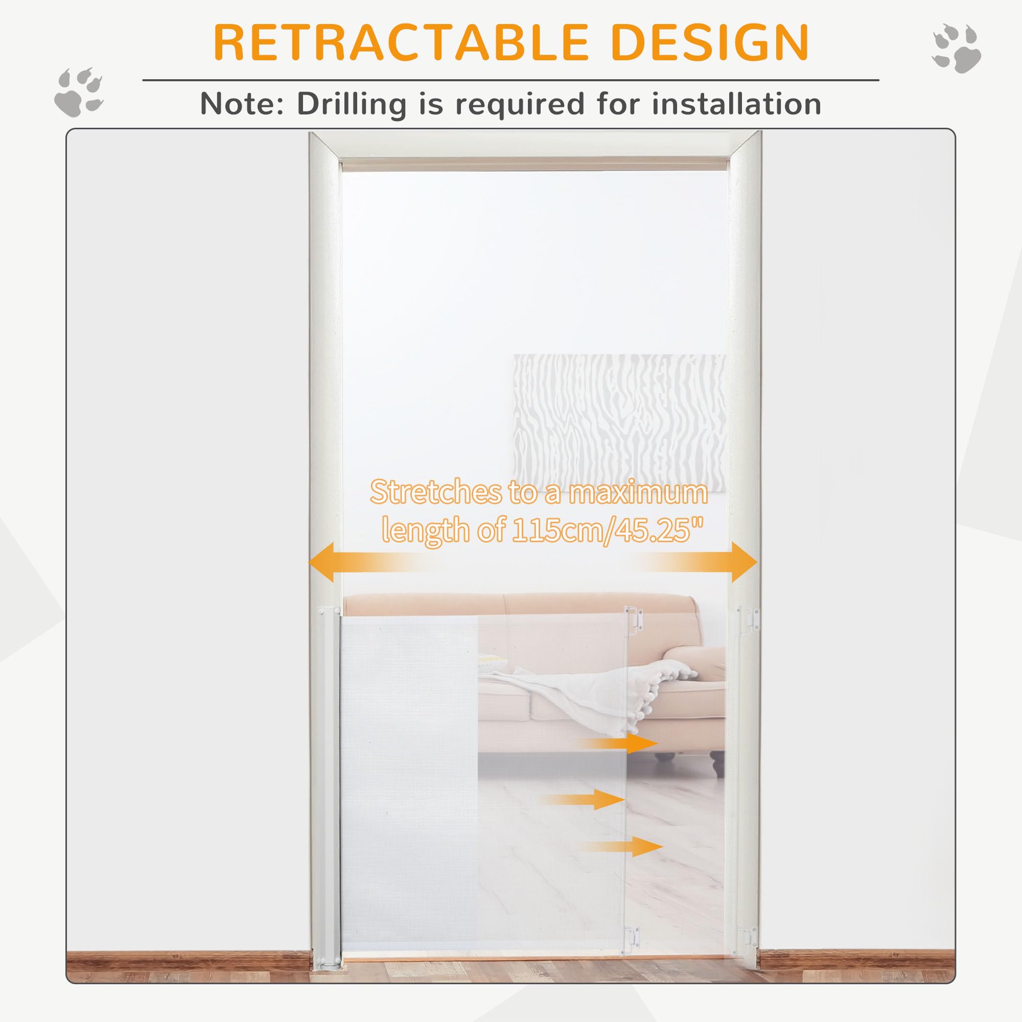 PawHut Retractable Dog Gate Mesh Pet Safety Barrier Extends to 115cm Indoor Guard for Stairs and Doorways White - Damaged Box