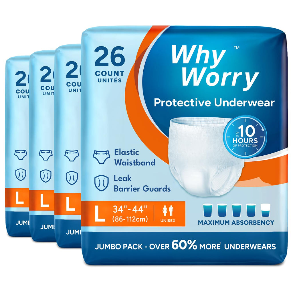 WhyWorry Incontinence Pants Unisex Disposable Adult Pull Ups Large 104 Pack Overnight Absorbency Odor Control Incontinence Underwear Bulk - Like New
