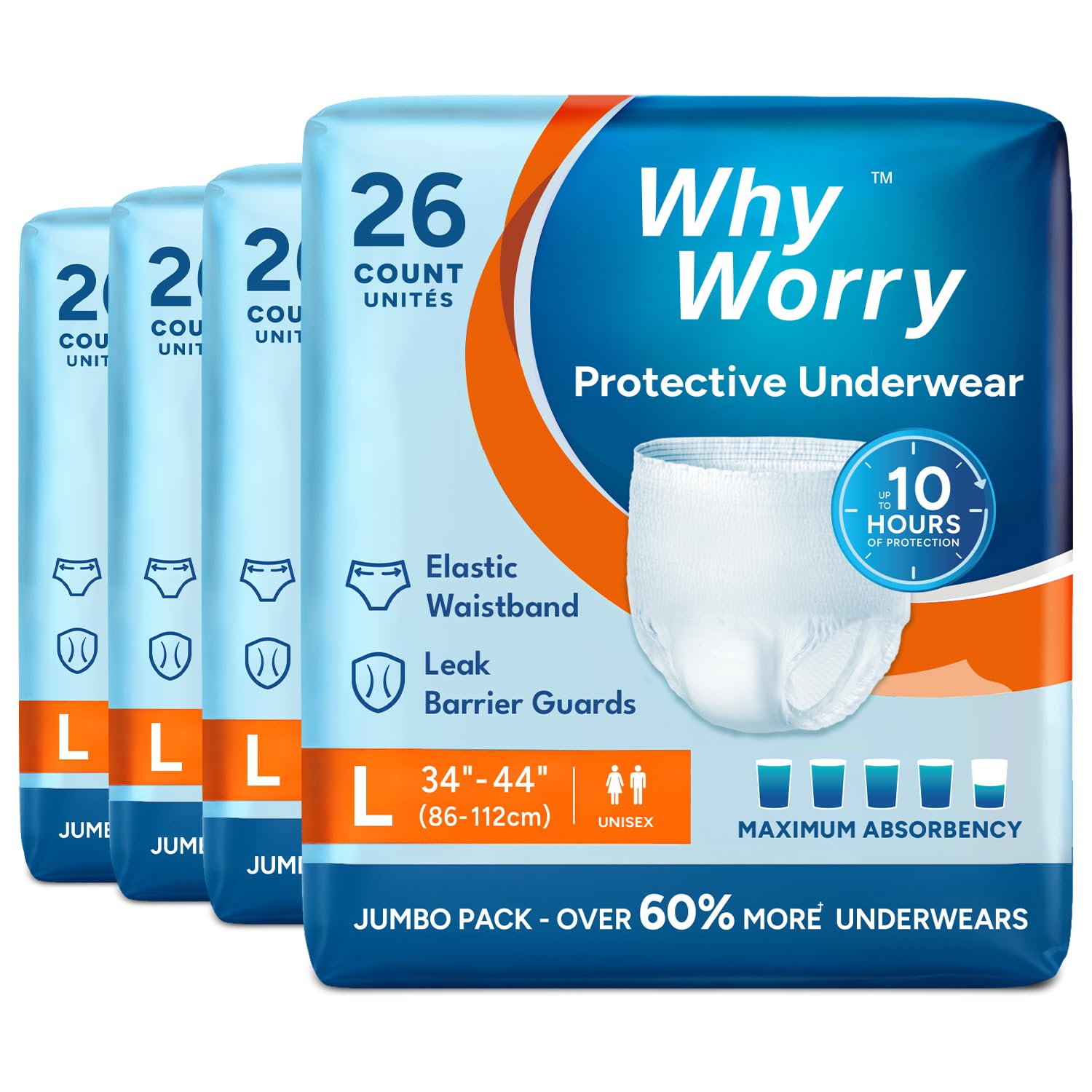 WhyWorry Incontinence Pants Unisex Disposable Adult Pull Ups Large 104 Pack Overnight Absorbency Odor Control Incontinence Underwear Bulk - Like New