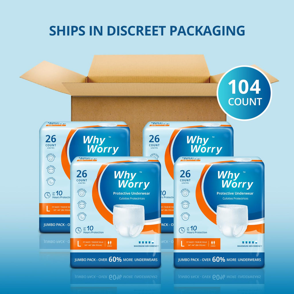WhyWorry Incontinence Pants Unisex Disposable Adult Pull Ups Large 104 Pack Overnight Absorbency Odor Control Incontinence Underwear Bulk - Like New