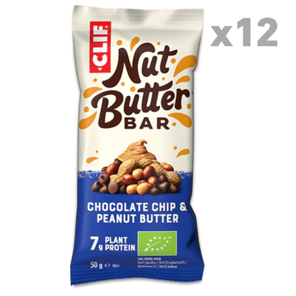 Clif Nut Butter Bar Chocolate Chip and Peanut Butter 12 x 50g Pack Organic Plant Based Protein Snack Bars 7g Protein Energy Bars - Damaged Box - BBE 04/2026