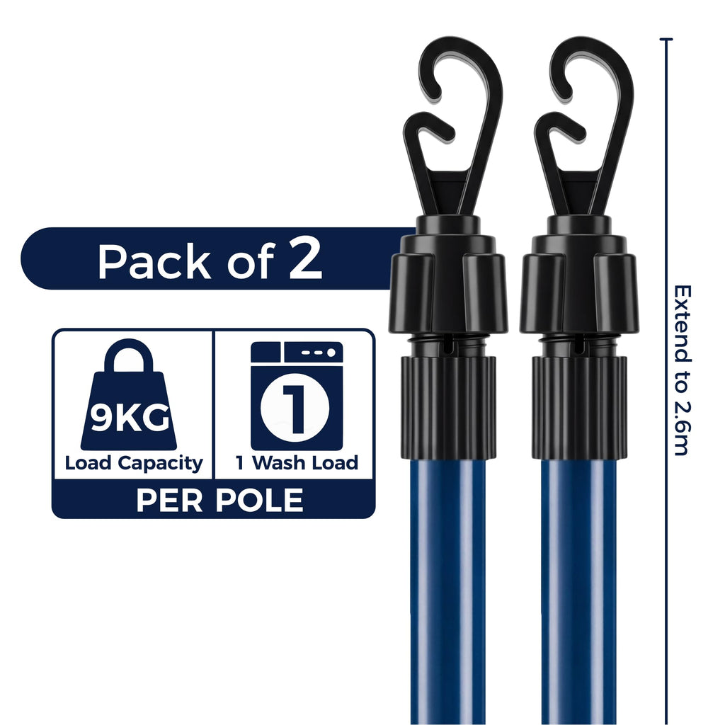 Heavy Duty Telescopic Washing Line Prop Pole 2.6m Galvanised Steel Extendable Clothesline Support Outdoor Garden Laundry Airer Pack of 2 - Damaged Box