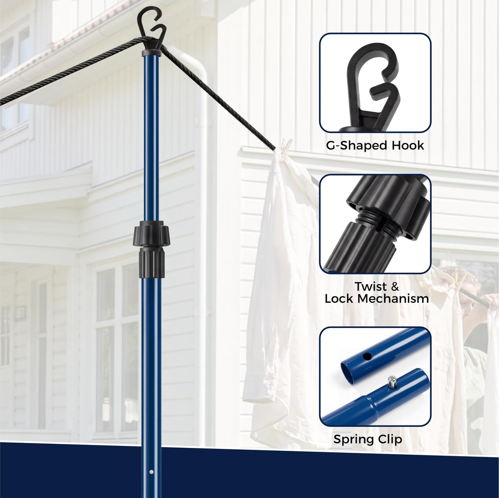 Heavy Duty Telescopic Washing Line Prop Pole 2.6m Galvanised Steel Extendable Clothesline Support Outdoor Garden Laundry Airer Pack of 2 - Damaged Box