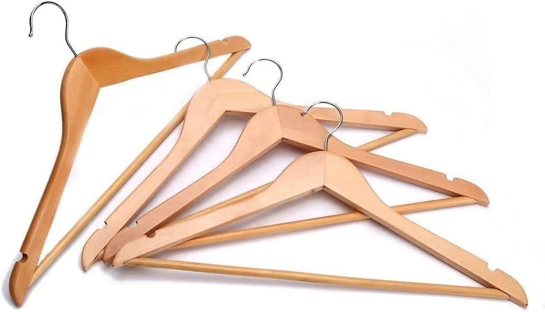 Bargain Factory Wooden Coat Hangers Pack of 20 Natural Wood Suit Hangers with 360 Degree Swivel Hook Trouser Bar and Shoulder Notches