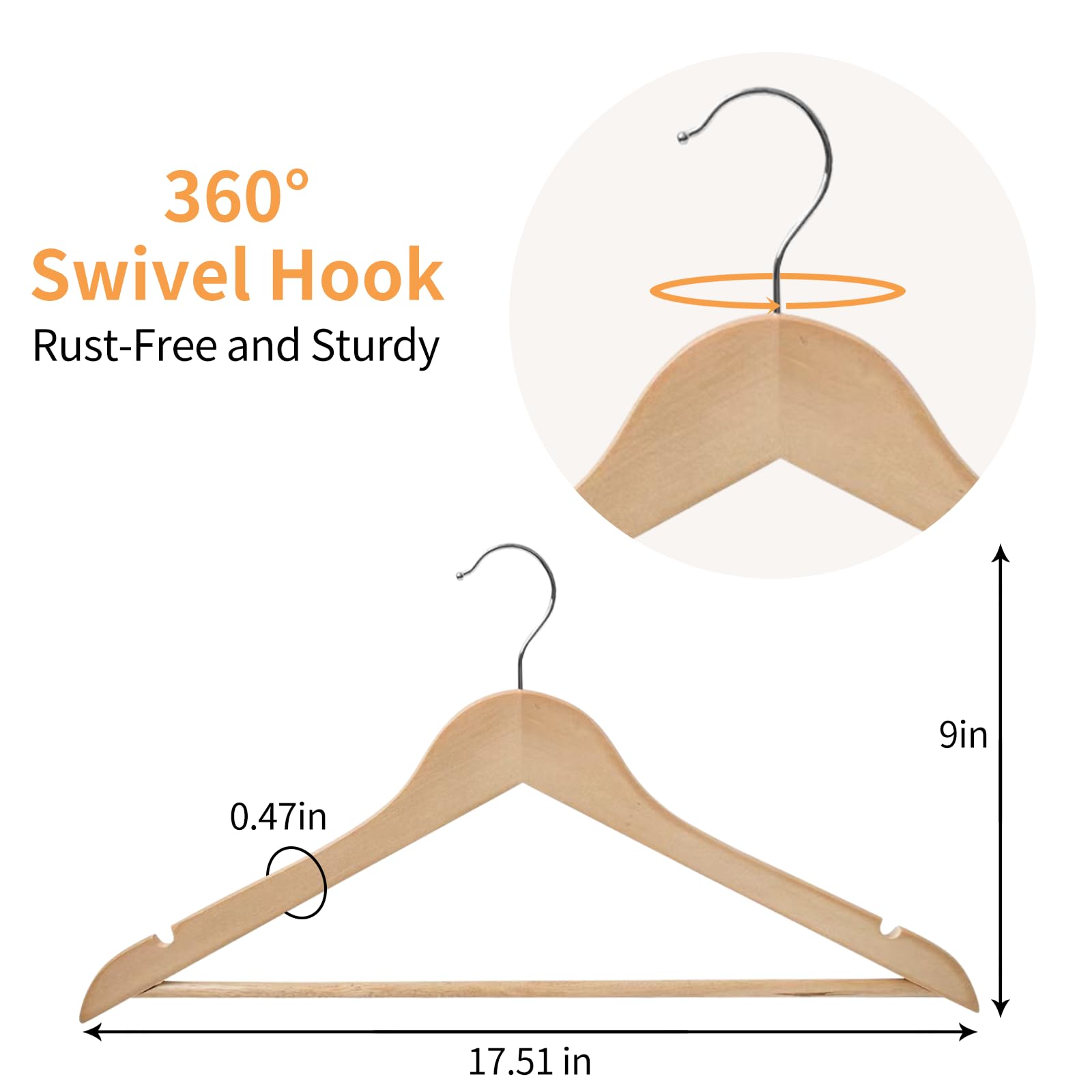 Bargain Factory Wooden Coat Hangers Pack of 20 Natural Wood Suit Hangers with 360 Degree Swivel Hook Trouser Bar and Shoulder Notches