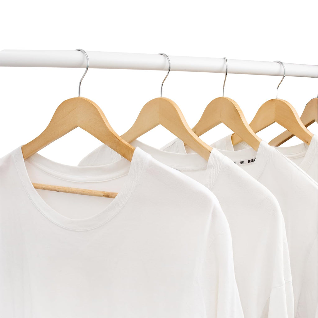 Bargain Factory Wooden Coat Hangers Pack of 20 Natural Wood Suit Hangers with 360 Degree Swivel Hook Trouser Bar and Shoulder Notches
