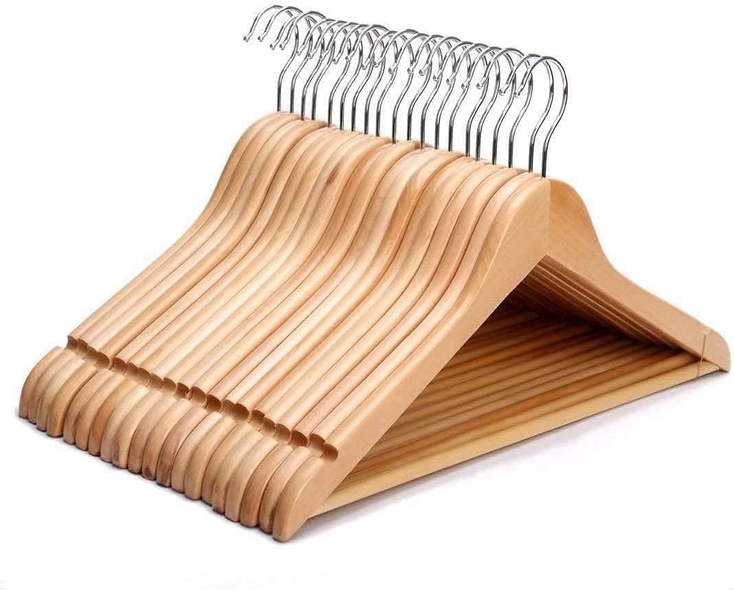 Bargain Factory Wooden Coat Hangers Pack of 20 Natural Wood Suit Hangers with 360 Degree Swivel Hook Trouser Bar and Shoulder Notches