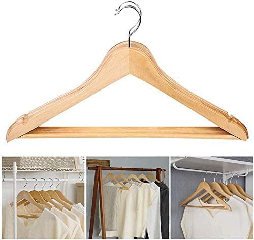 Bargain Factory Wooden Coat Hangers Pack of 20 Natural Wood Suit Hangers with 360 Degree Swivel Hook Trouser Bar and Shoulder Notches