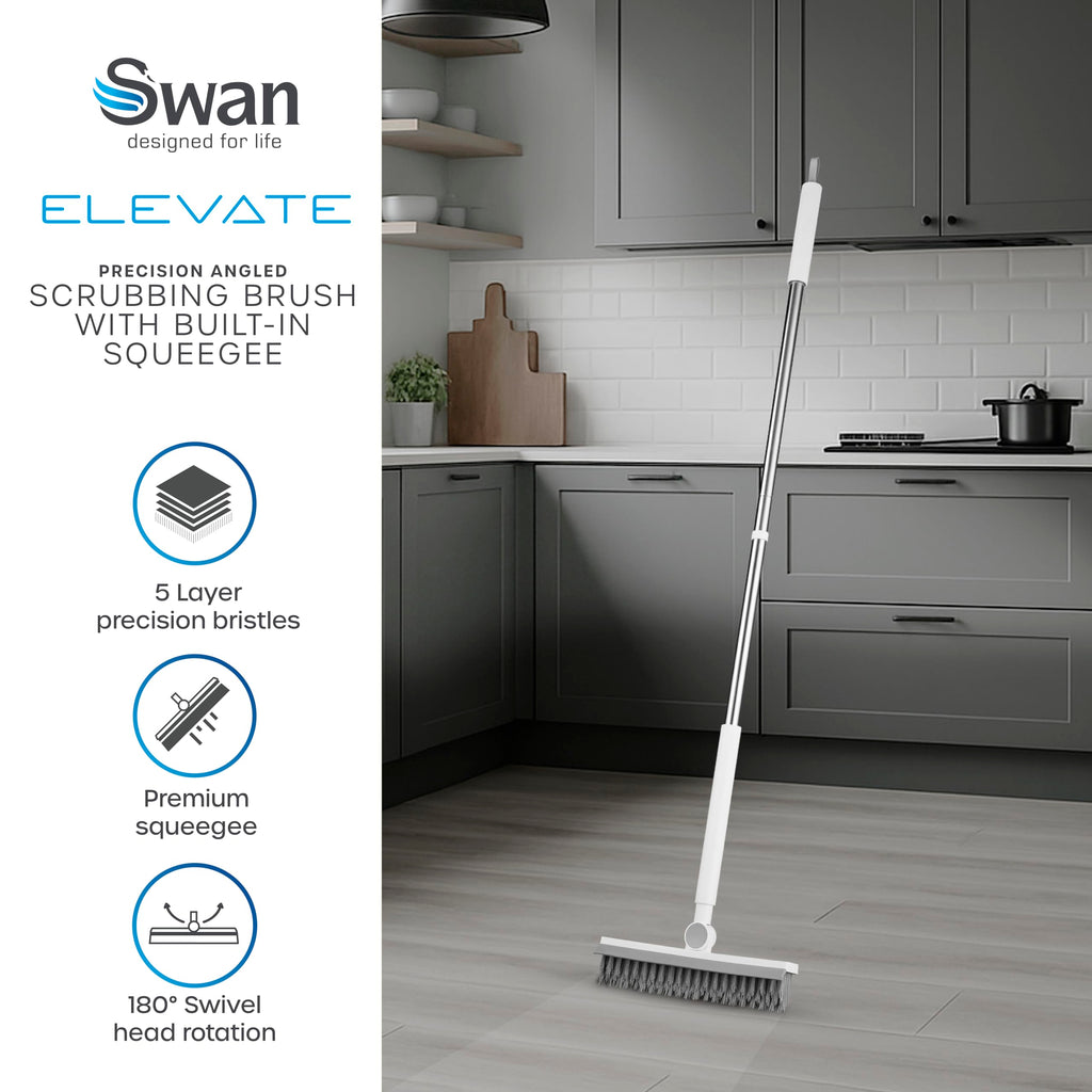Swan Elevate Angled Floor Scrubbing Brush with Squeegee 180 Degree Pivoting Head 5 Layer Stiff Bristles for Bathroom Patio and Tiles - Damaged Box