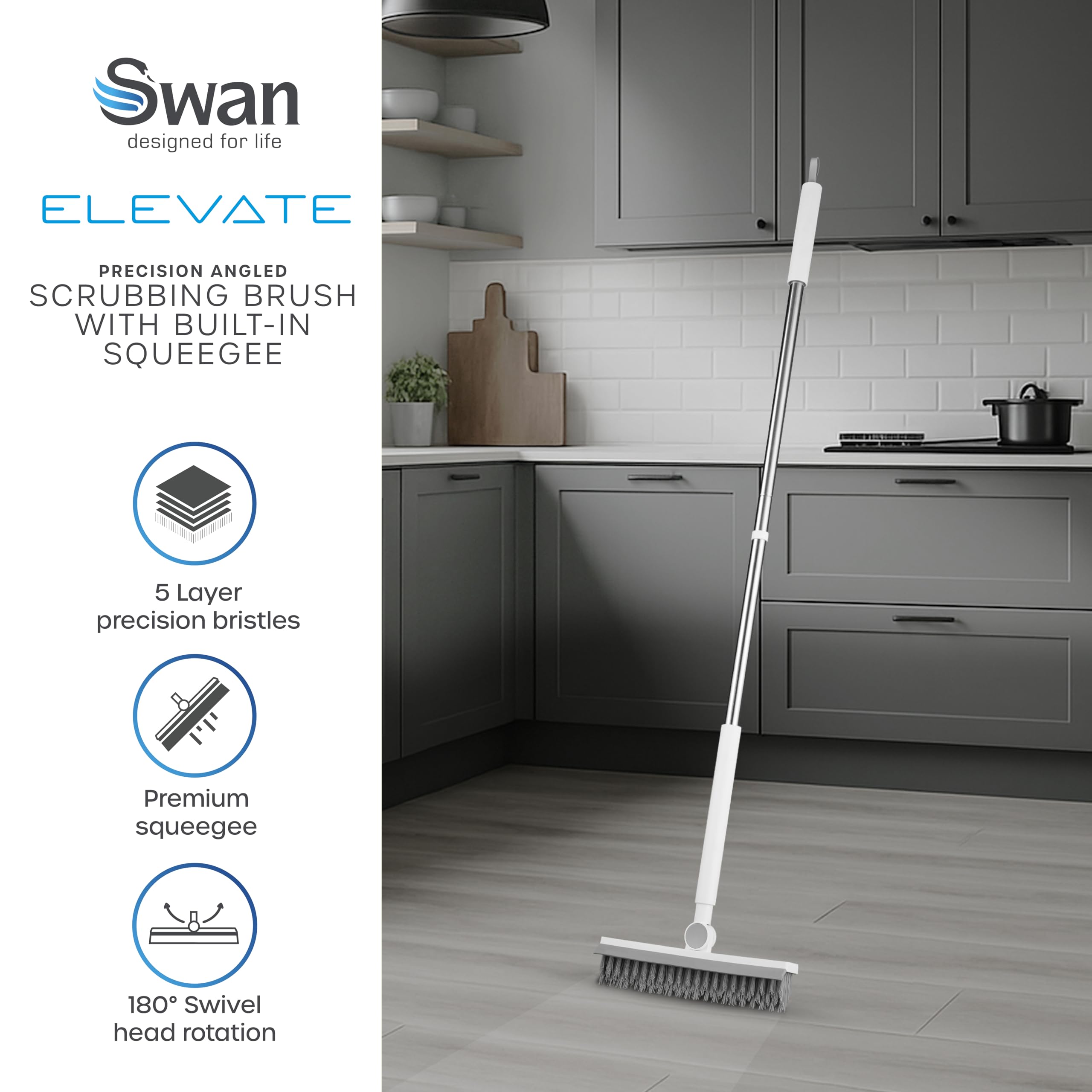 Swan Elevate Angled Floor Scrubbing Brush with Squeegee 180 Degree Pivoting Head 5 Layer Stiff Bristles for Bathroom Patio and Tiles - Damaged Box