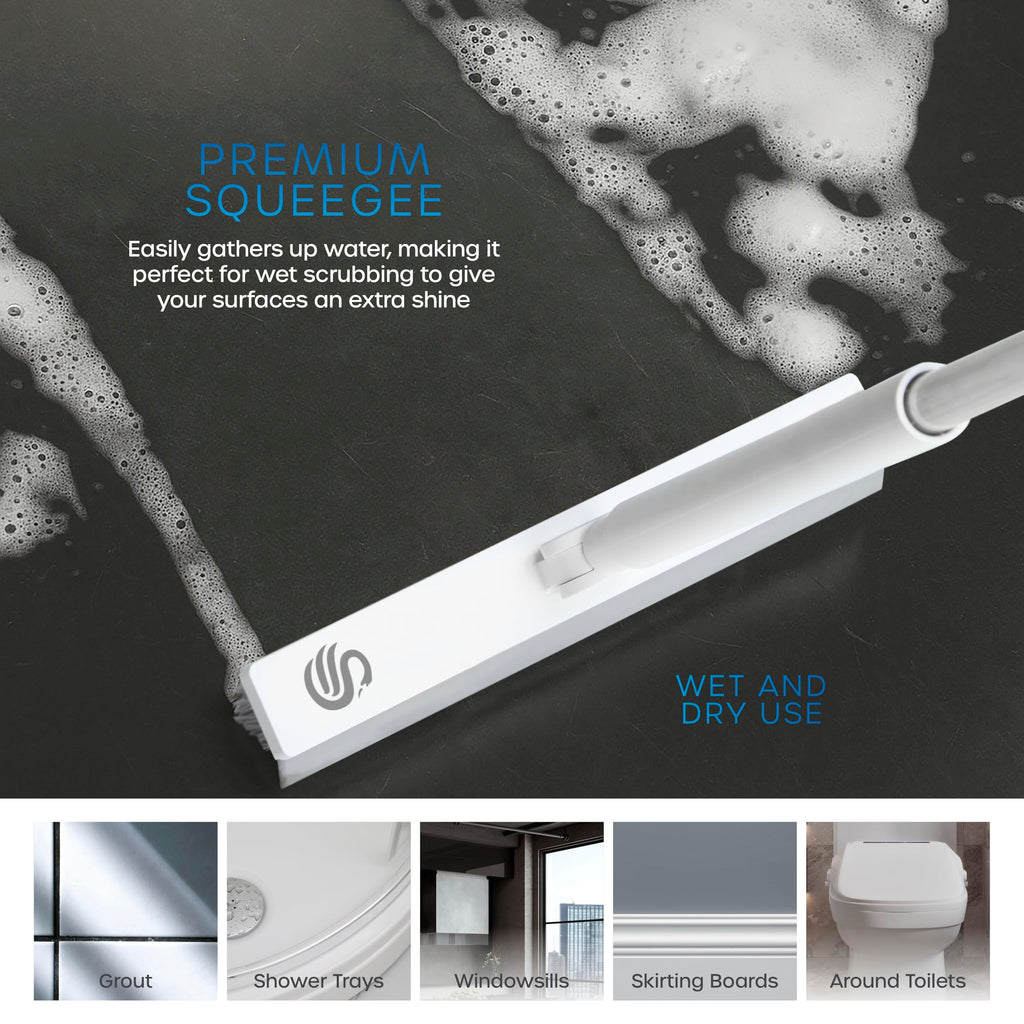 Swan Elevate Angled Floor Scrubbing Brush with Squeegee 180 Degree Pivoting Head 5 Layer Stiff Bristles for Bathroom Patio and Tiles - Damaged Box