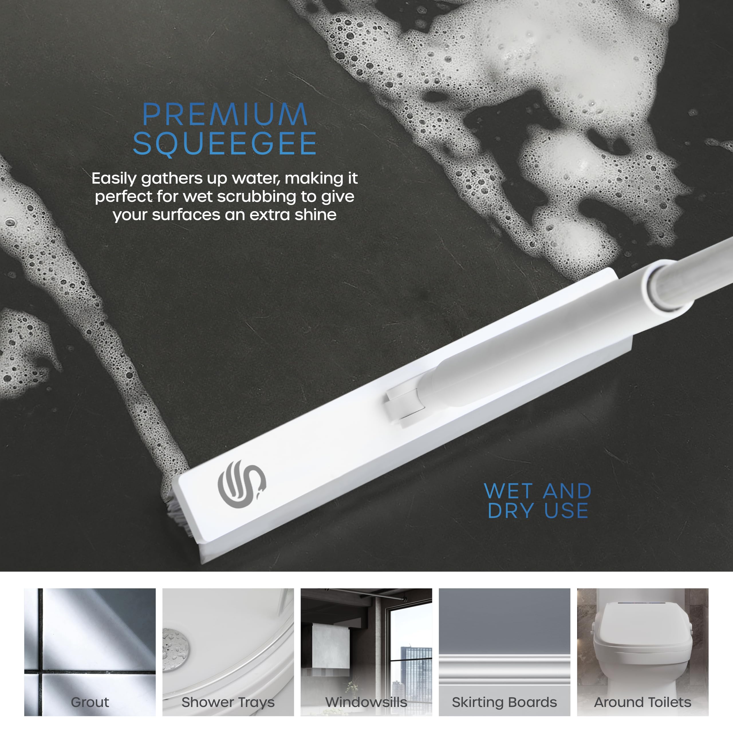 Swan Elevate Angled Floor Scrubbing Brush with Squeegee 180 Degree Pivoting Head 5 Layer Stiff Bristles for Bathroom Patio and Tiles - Damaged Box