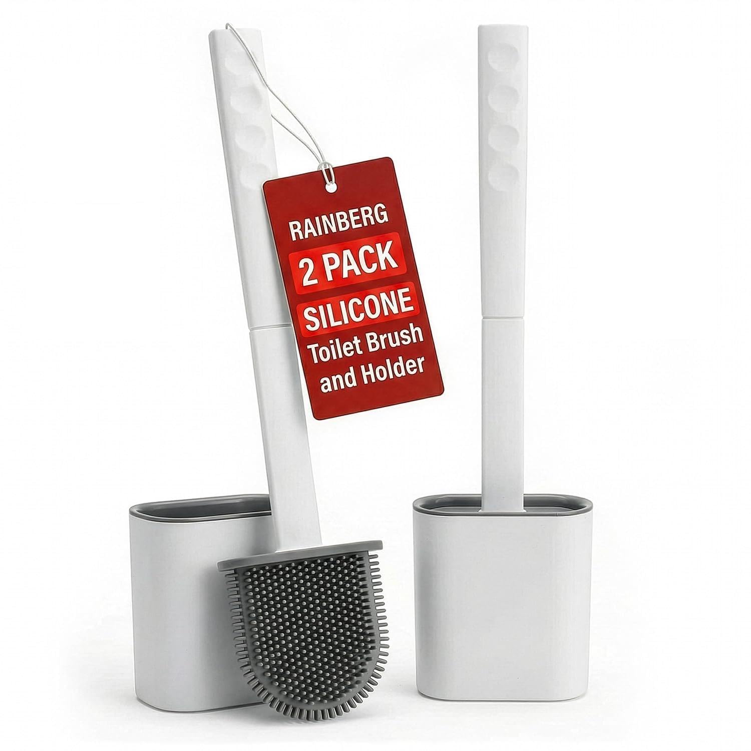 Rainberg Silicone Toilet Brush and Holder Set 2 Pack White and Grey Wall Mounted Bathroom Cleaning Kit with Non-Slip Handle and Drip Base