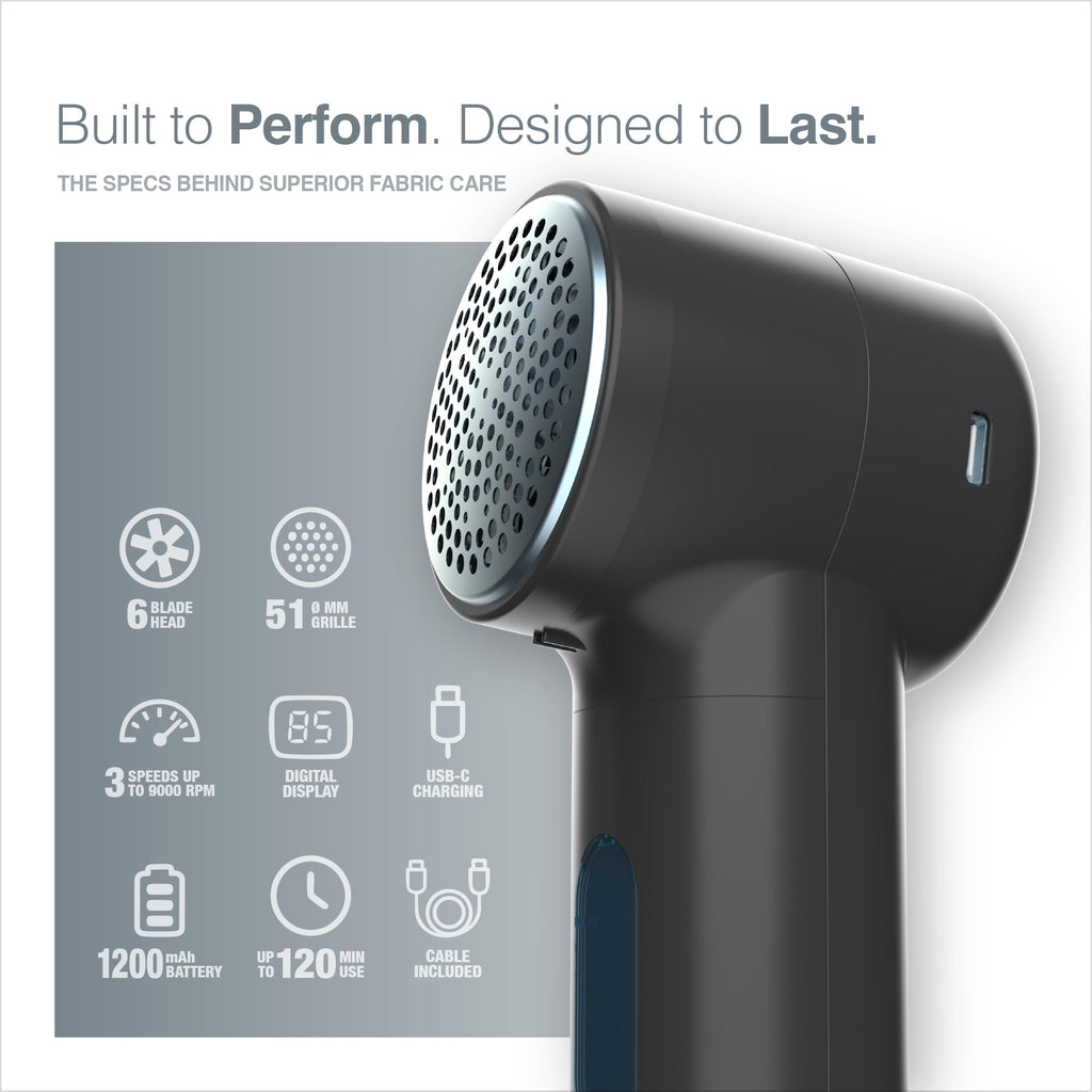 Portentum Electric Lint Remover Fabric Shaver - 3 Speeds 9000 RPM LED Display - 6-Blade USB-C Rechargeable Bobble Remover for Clothes
