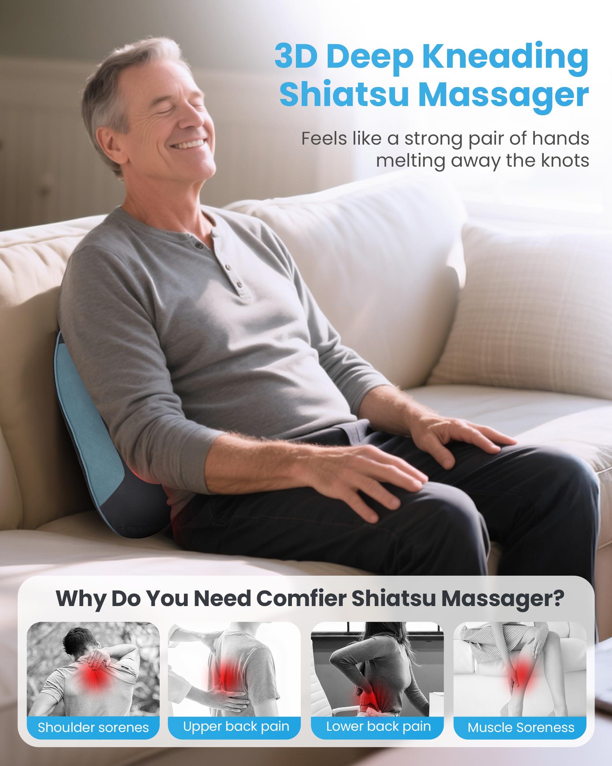 Comfier Cordless Back Massager with Heat Shiatsu Neck and Shoulder Massage Pillow Rechargeable Portable Support Cushion for Pain Relief - Very Good