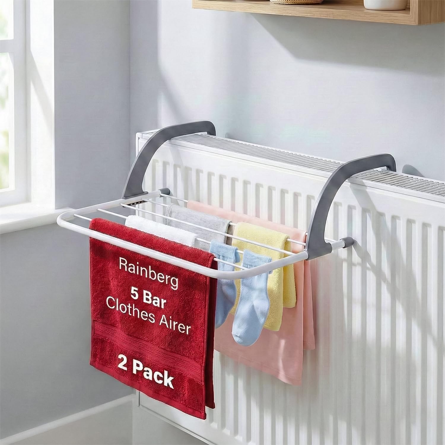 Rainberg 5 Bar Radiator Clothes Airer Rack, Foldable Clothes Airer with Adjustable Arms, Laundry Dryers Clothes, Hanging Drying Rack Airer (Pack of 2) - Like New